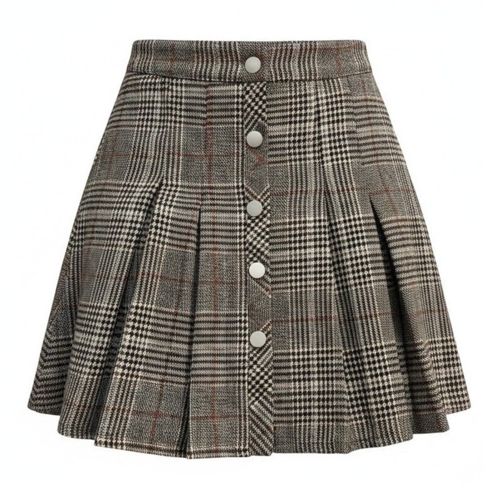 New XS Plaid Thick Knit Pleated Mini Skirt Button Front Glen Check Brown Grey